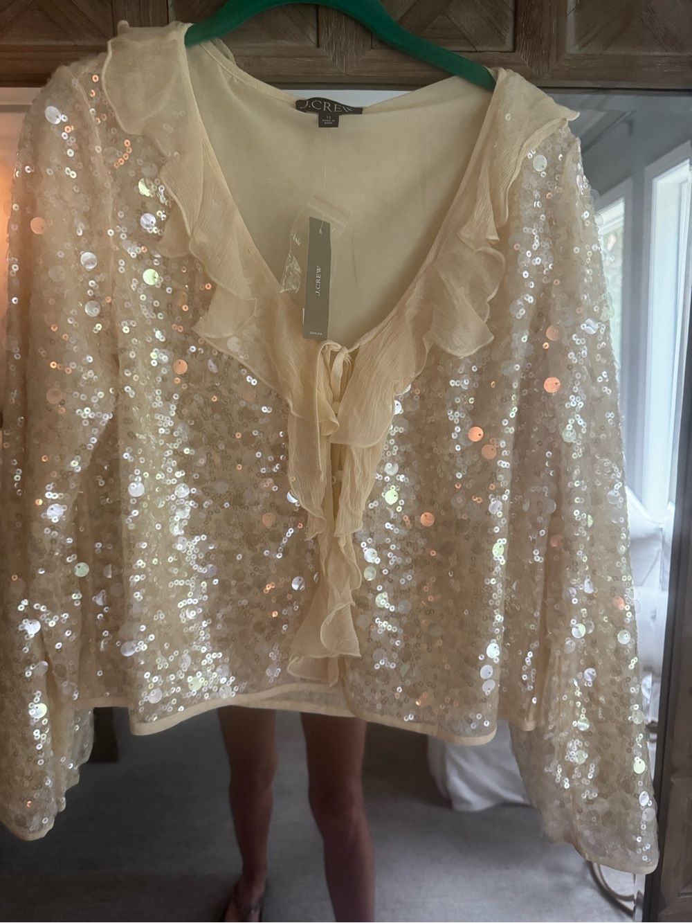 J. Crew Ivory Sequin Ruffle V-Neck Blouse